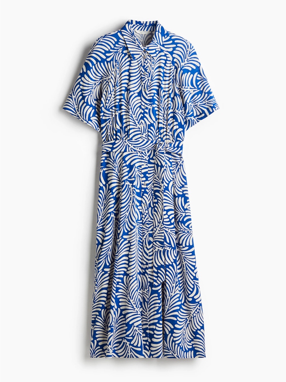 H&M Blue and White Tropical-Print Short-Sleeve Maxi Dress